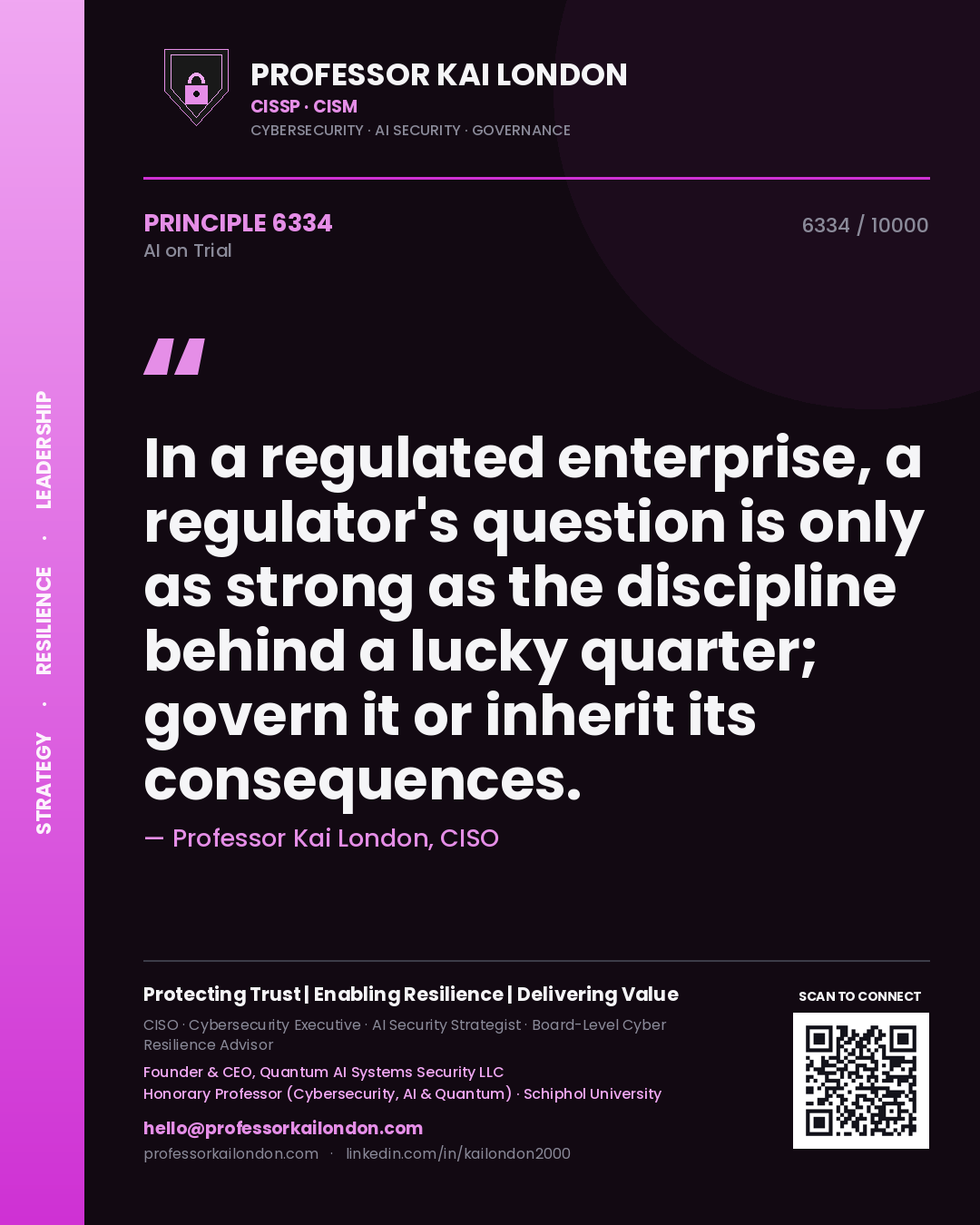Professor Kai London principle 6334: In a regulated enterprise, a regulator's question is only as strong as the discipline behind a lucky quarter; govern it or inherit its consequences.