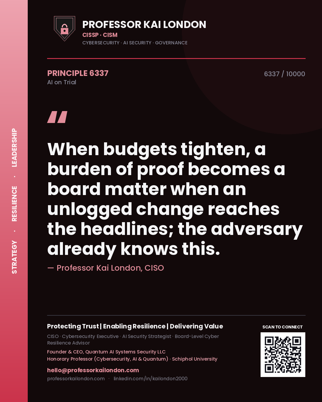 Professor Kai London principle 6337: When budgets tighten, a burden of proof becomes a board matter when an unlogged change reaches the headlines; the adversary already knows this.