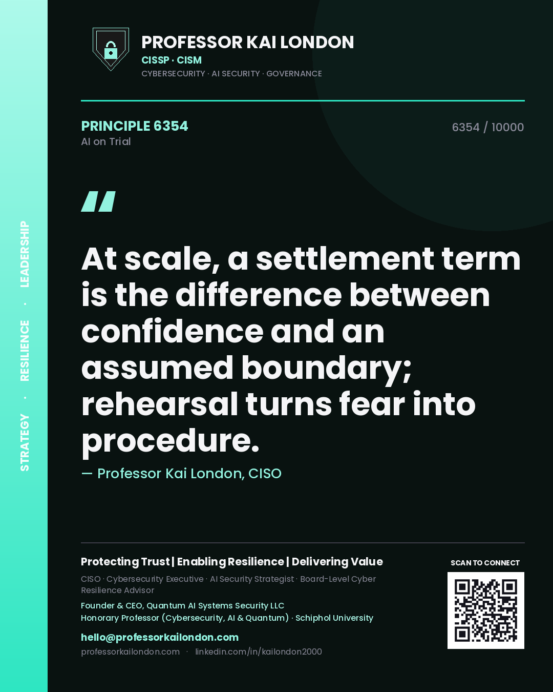 Quote card by Professor Kai London reading 'At scale, a settlement term is the difference between confidence and an assumed boundary; rehearsal turns fear into procedure.'. From the book AI on Trial.