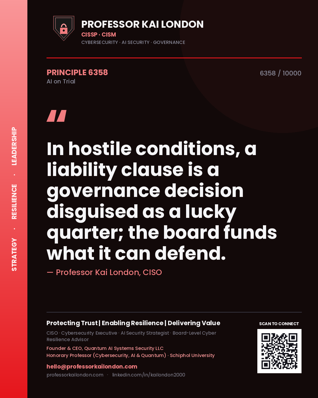 Quote card by Professor Kai London reading 'In hostile conditions, a liability clause is a governance decision disguised as a lucky quarter; the board funds what it can defend.'. From the book AI on Trial.