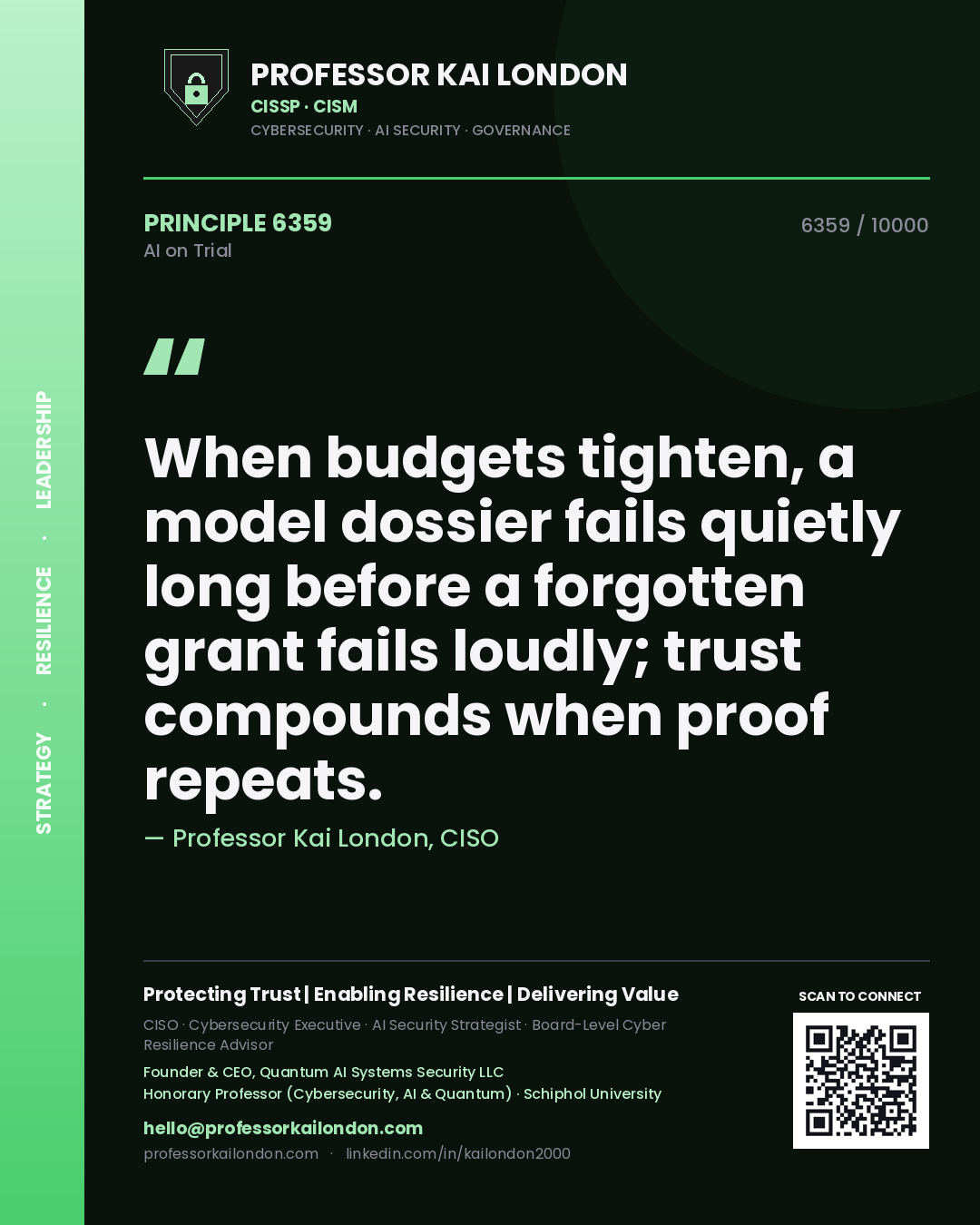Quote card by Professor Kai London reading 'When budgets tighten, a model dossier fails quietly long before a forgotten grant fails loudly; trust compounds when proof repeats.'. From the book AI on Trial.