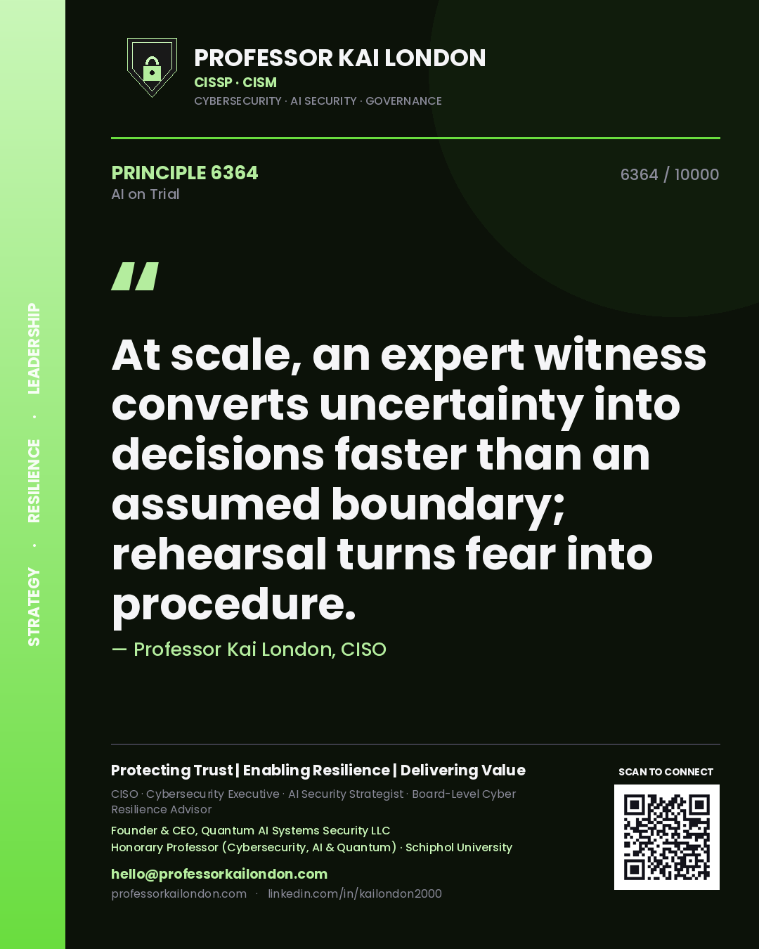 Quote card by Professor Kai London reading 'At scale, an expert witness converts uncertainty into decisions faster than an assumed boundary; rehearsal turns fear into procedure.'. From the book AI on Trial.