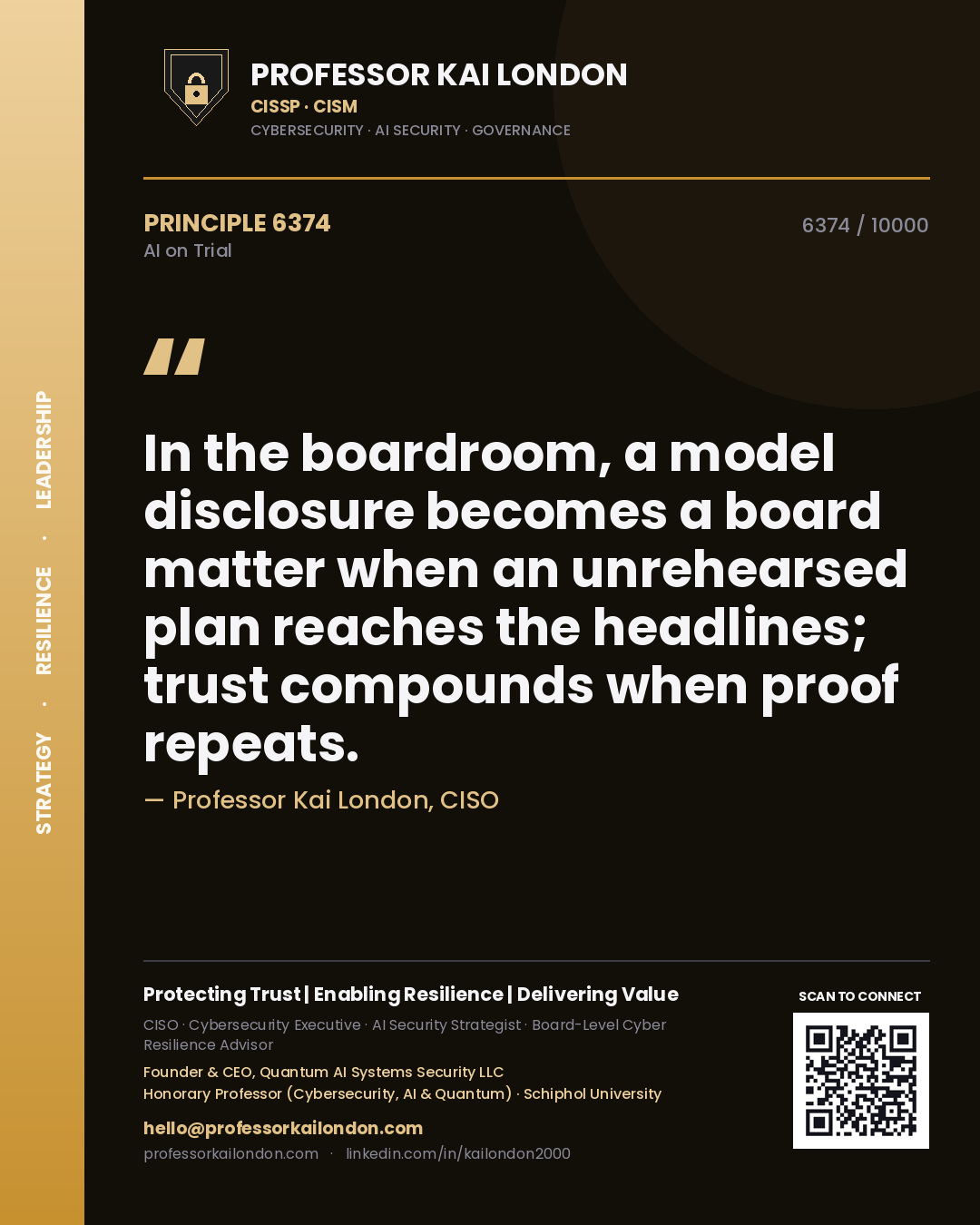 Quote card by Professor Kai London reading 'In the boardroom, a model disclosure becomes a board matter when an unrehearsed plan reaches the headlines; trust compounds when proof repeats.'. From the book AI on Trial.