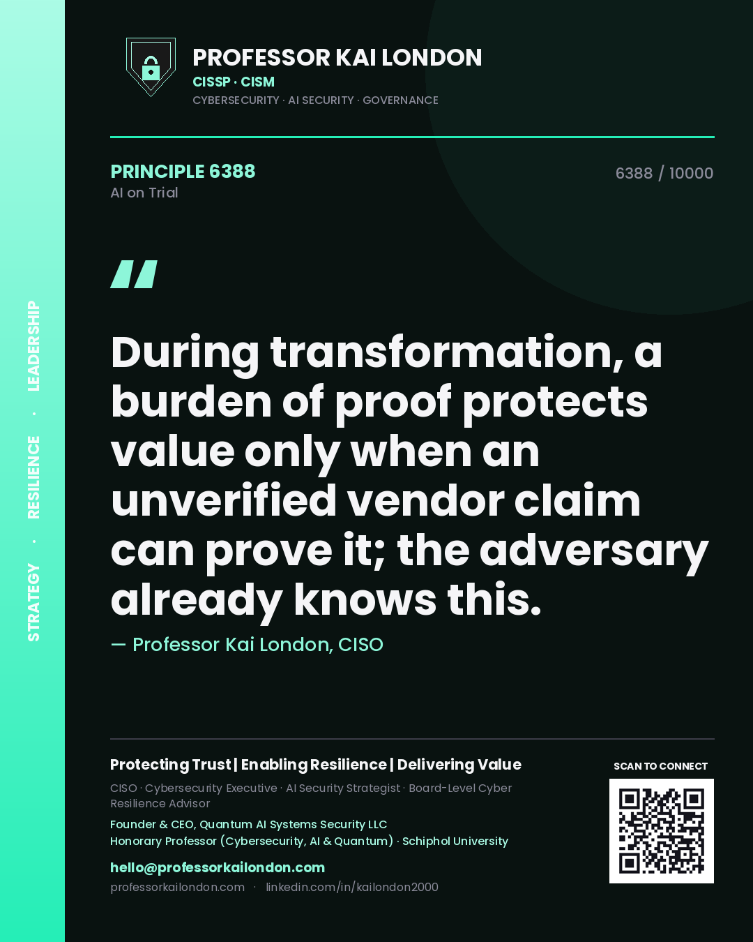 Professor Kai London principle 6388: During transformation, a burden of proof protects value only when an unverified vendor claim can prove it; the adversary already knows this.