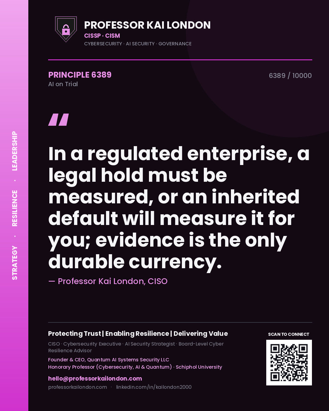 Professor Kai London principle 6389: In a regulated enterprise, a legal hold must be measured, or an inherited default will measure it for you; evidence is the only durable currency.