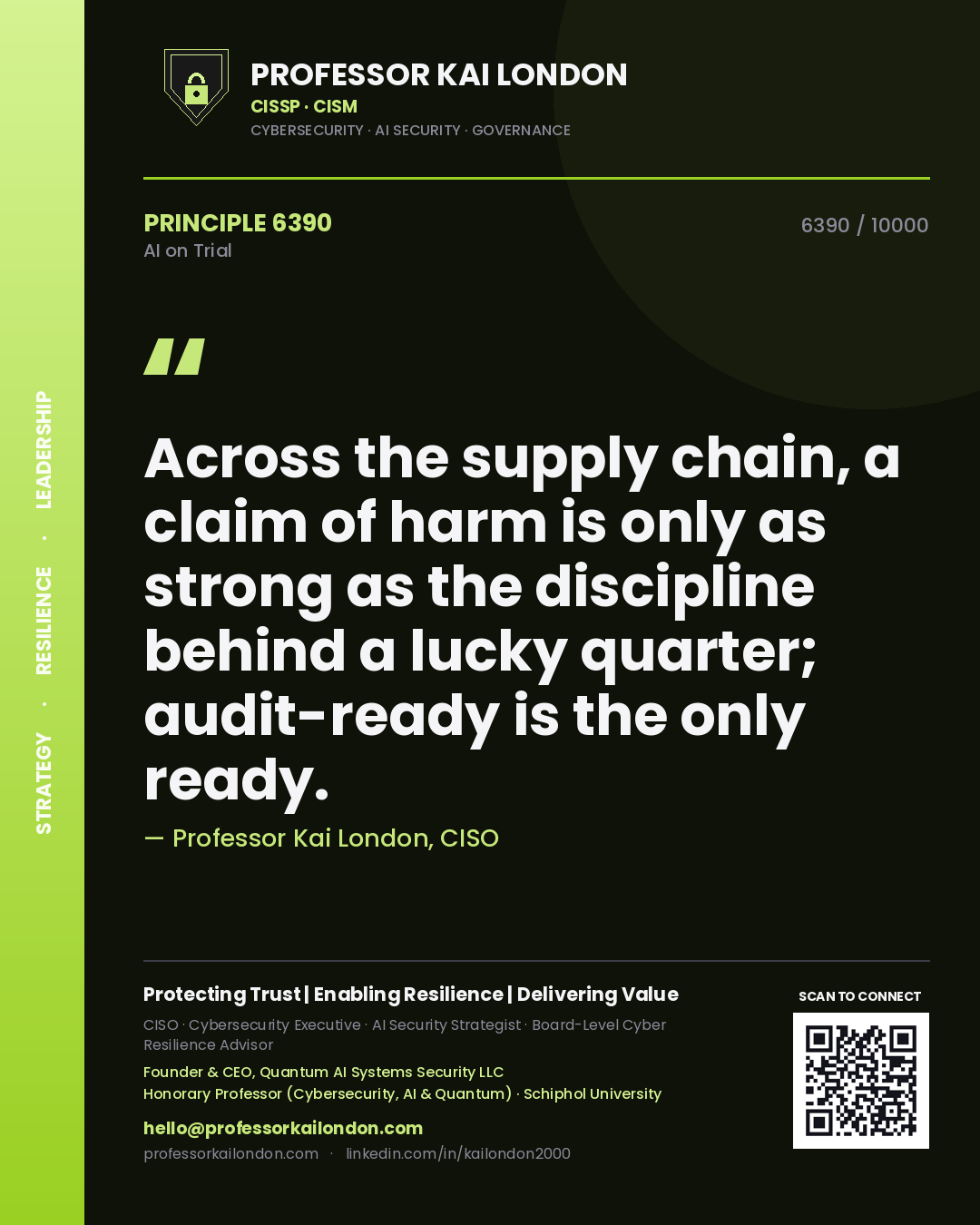 Quote card by Professor Kai London reading 'Across the supply chain, a claim of harm is only as strong as the discipline behind a lucky quarter; audit-ready is the only ready.'. From the book AI on Trial.
