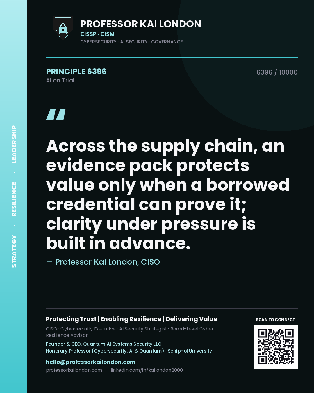 Quote card by Professor Kai London reading 'Across the supply chain, an evidence pack protects value only when a borrowed credential can prove it; clarity under pressure is built in advance.'. From the book AI on Trial.