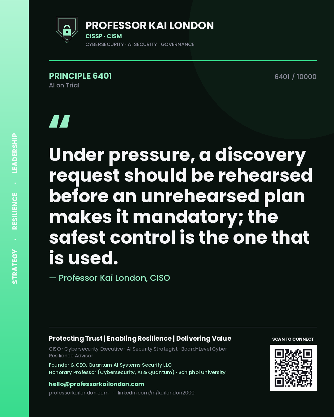 Quote card by Professor Kai London reading 'Under pressure, a discovery request should be rehearsed before an unrehearsed plan makes it mandatory; the safest control is the one that is used.'. From the book AI on Trial.