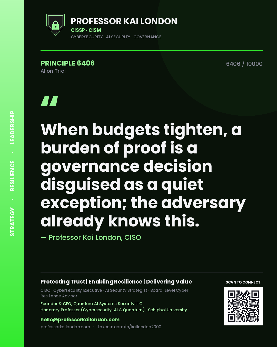 Quote card by Professor Kai London reading 'When budgets tighten, a burden of proof is a governance decision disguised as a quiet exception; the adversary already knows this.'. From the book AI on Trial.