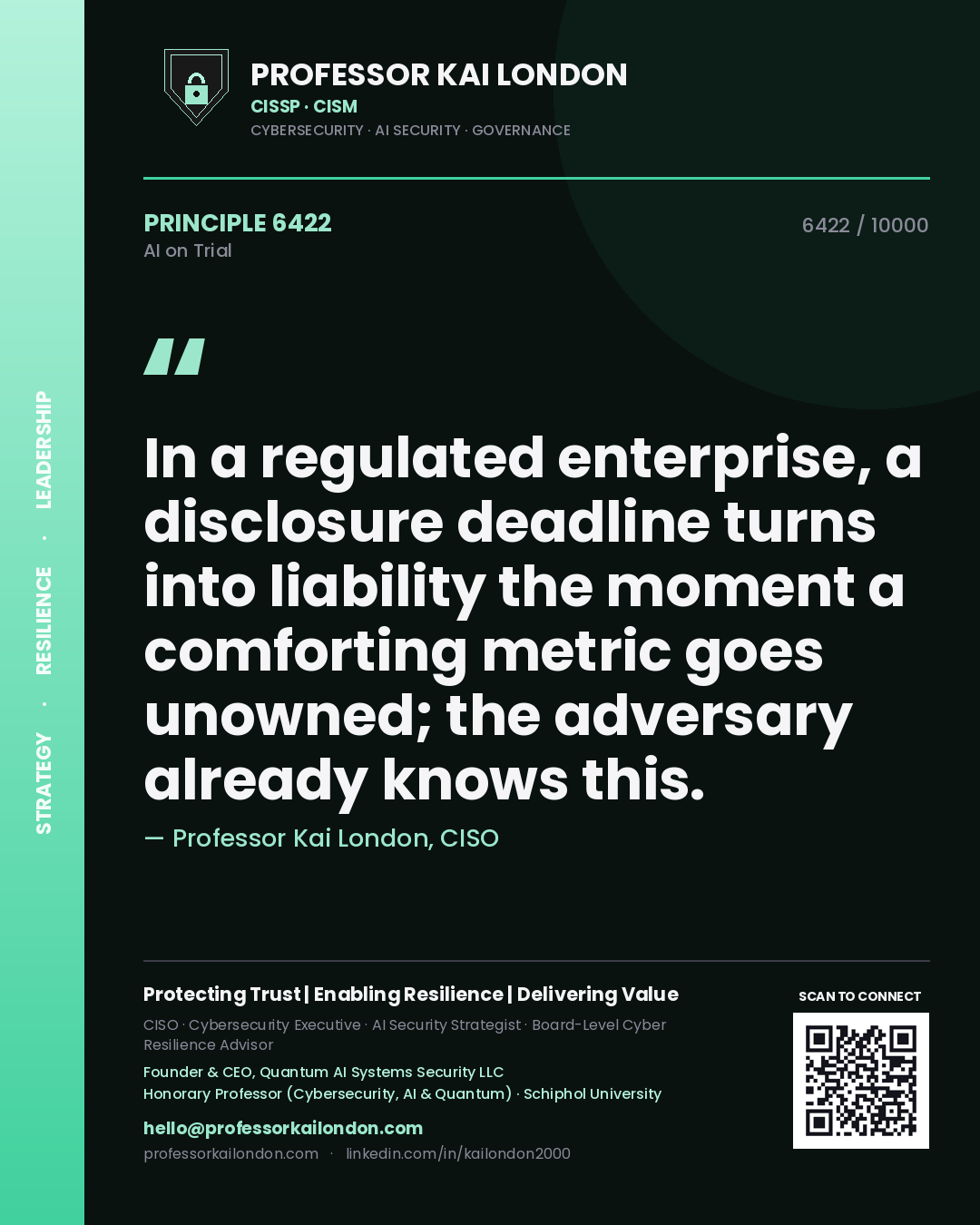 Quote card by Professor Kai London reading 'In a regulated enterprise, a disclosure deadline turns into liability the moment a comforting metric goes unowned; the adversary already knows this.'. From the book AI on Trial.