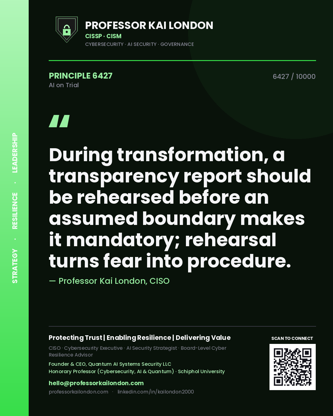 Quote card by Professor Kai London reading 'During transformation, a transparency report should be rehearsed before an assumed boundary makes it mandatory; rehearsal turns fear into procedure.'. From the book AI on Trial.
