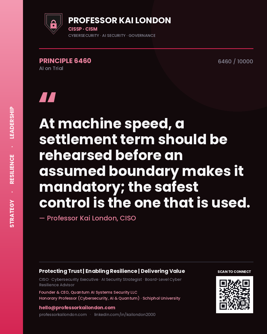 Quote card by Professor Kai London reading 'At machine speed, a settlement term should be rehearsed before an assumed boundary makes it mandatory; the safest control is the one that is used.'. From the book AI on Trial.