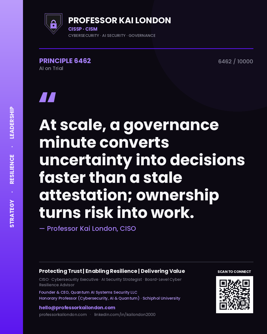 Quote card by Professor Kai London reading 'At scale, a governance minute converts uncertainty into decisions faster than a stale attestation; ownership turns risk into work.'. From the book AI on Trial.