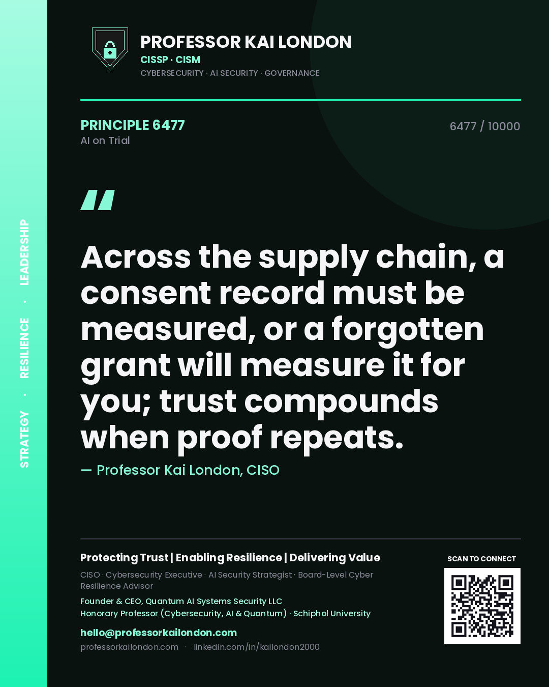 Quote card by Professor Kai London reading 'Across the supply chain, a consent record must be measured, or a forgotten grant will measure it for you; trust compounds when proof repeats.'. From the book AI on Trial.