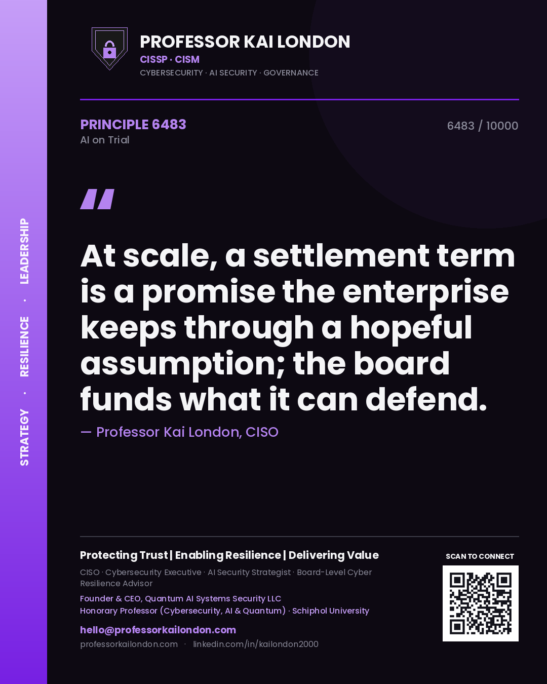 Quote card by Professor Kai London reading 'At scale, a settlement term is a promise the enterprise keeps through a hopeful assumption; the board funds what it can defend.'. From the book AI on Trial.