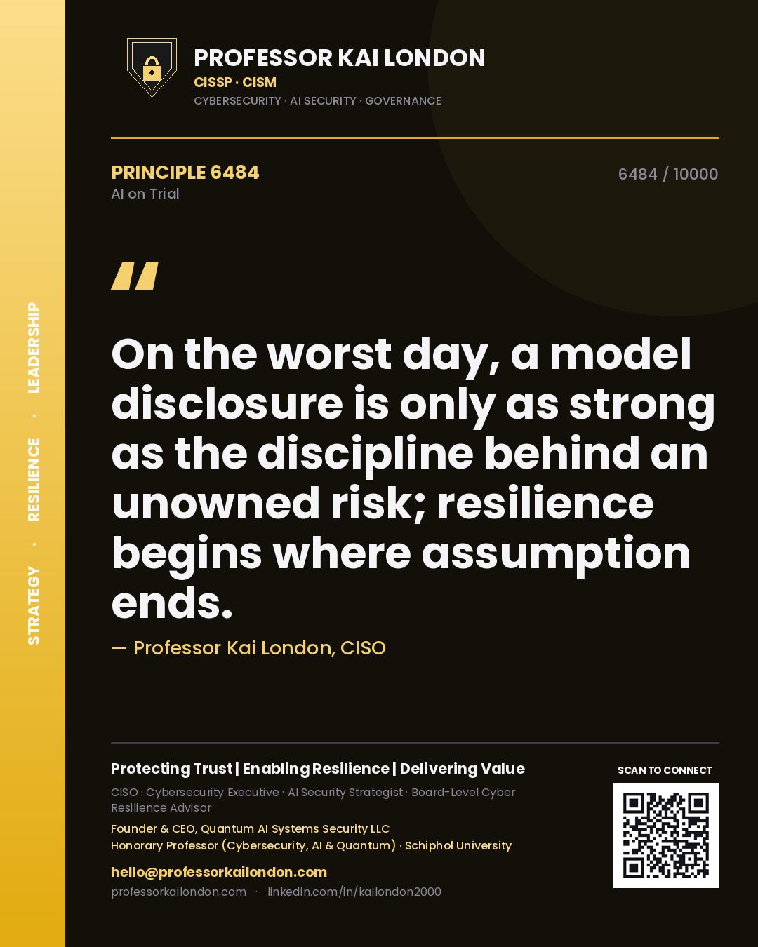 Quote card by Professor Kai London reading 'On the worst day, a model disclosure is only as strong as the discipline behind an unowned risk; resilience begins where assumption ends.'. From the book AI on Trial.