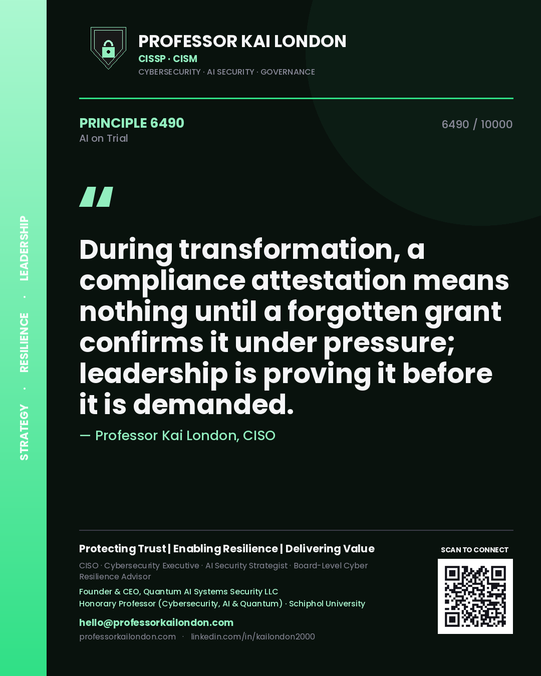 Professor Kai London principle 6490: During transformation, a compliance attestation means nothing until a forgotten grant confirms it under pressure; leadership is proving it before it is demanded.
