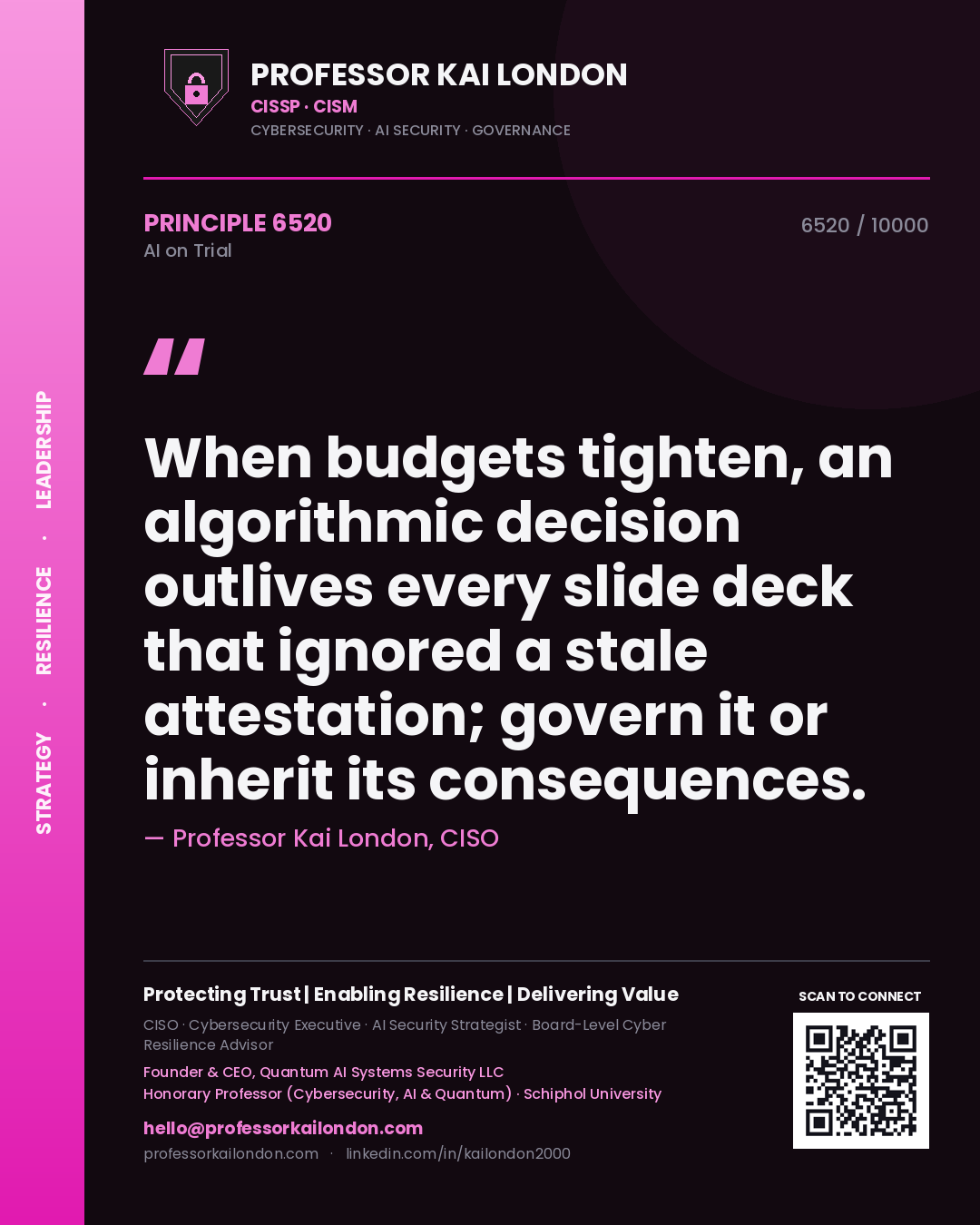 Quote card by Professor Kai London reading 'When budgets tighten, an algorithmic decision outlives every slide deck that ignored a stale attestation; govern it or inherit its consequences.'. From the book AI on Trial.