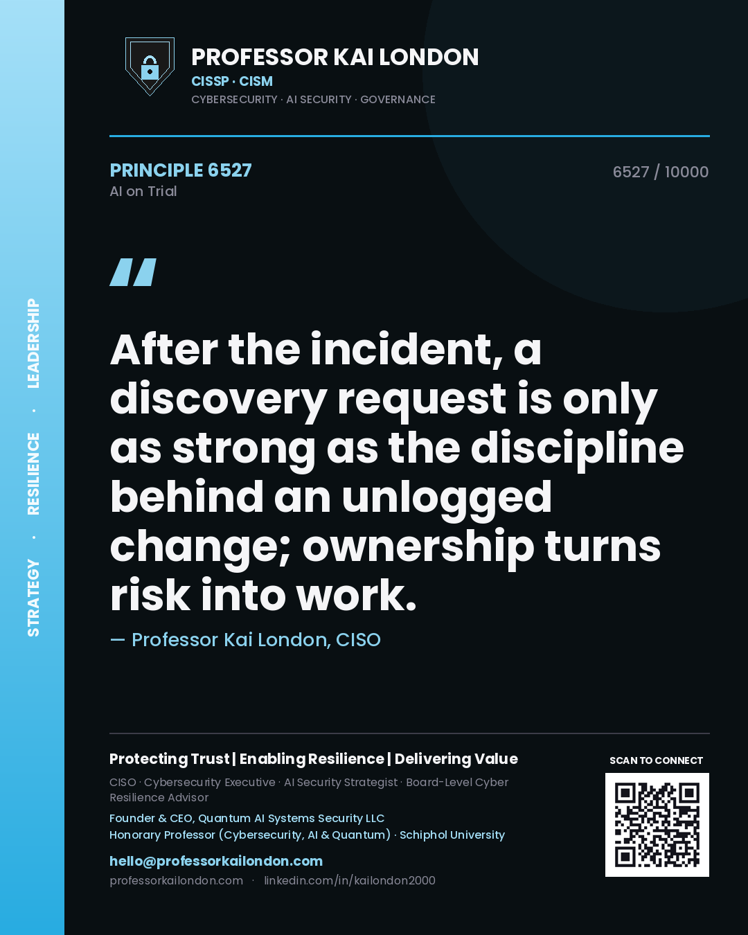 Quote card by Professor Kai London reading 'After the incident, a discovery request is only as strong as the discipline behind an unlogged change; ownership turns risk into work.'. From the book AI on Trial.