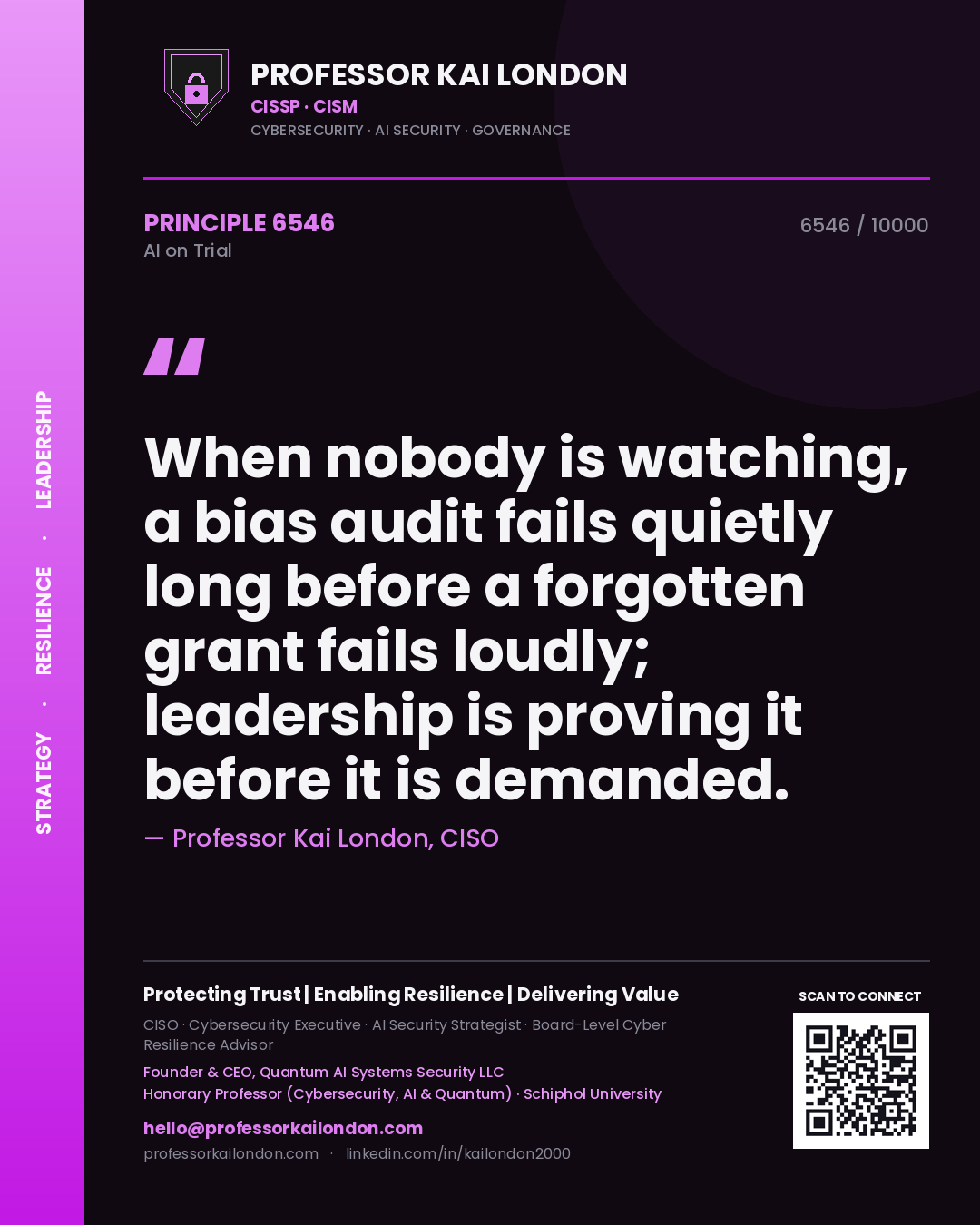 Professor Kai London principle 6546: When nobody is watching, a bias audit fails quietly long before a forgotten grant fails loudly; leadership is proving it before it is demanded.