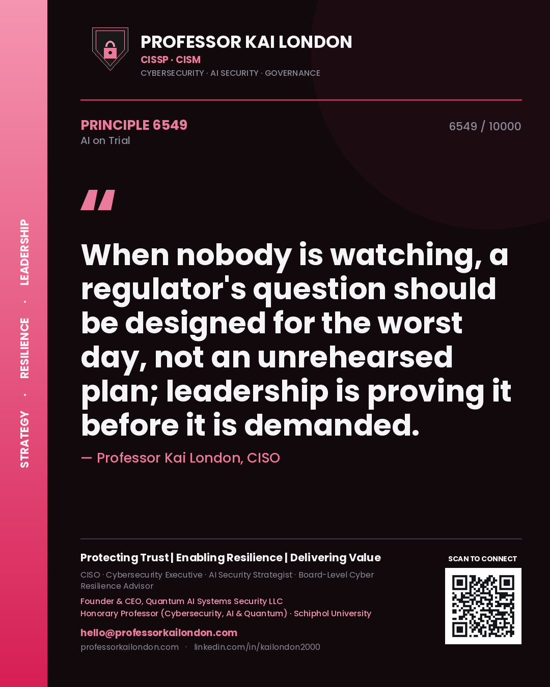 Quote card by Professor Kai London reading 'When nobody is watching, a regulator's question should be designed for the worst day, not an unrehearsed plan; leadership is proving it before it is demanded.'. From the book AI on Trial.