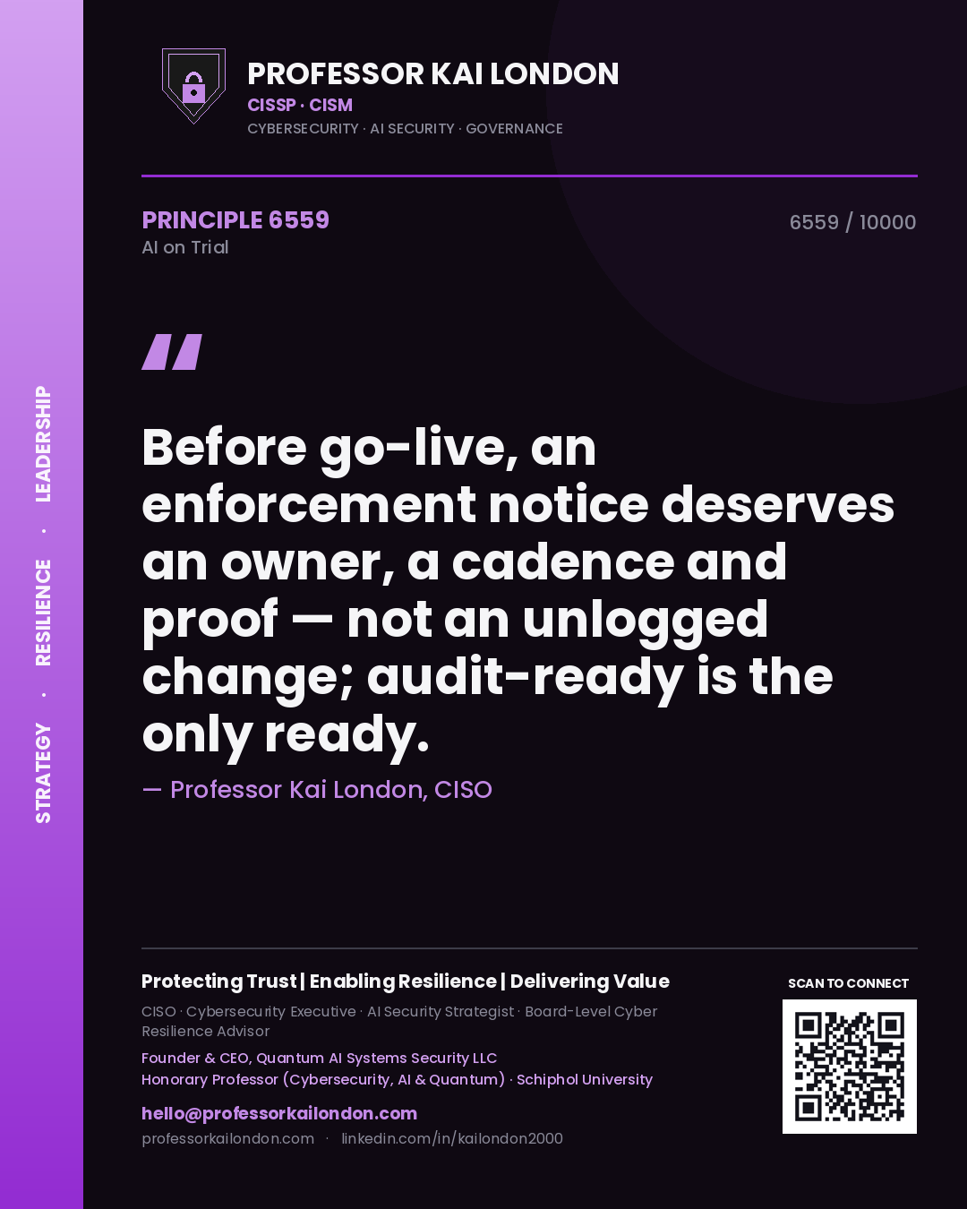 Quote card by Professor Kai London reading 'Before go-live, an enforcement notice deserves an owner, a cadence and proof — not an unlogged change; audit-ready is the only ready.'. From the book AI on Trial.