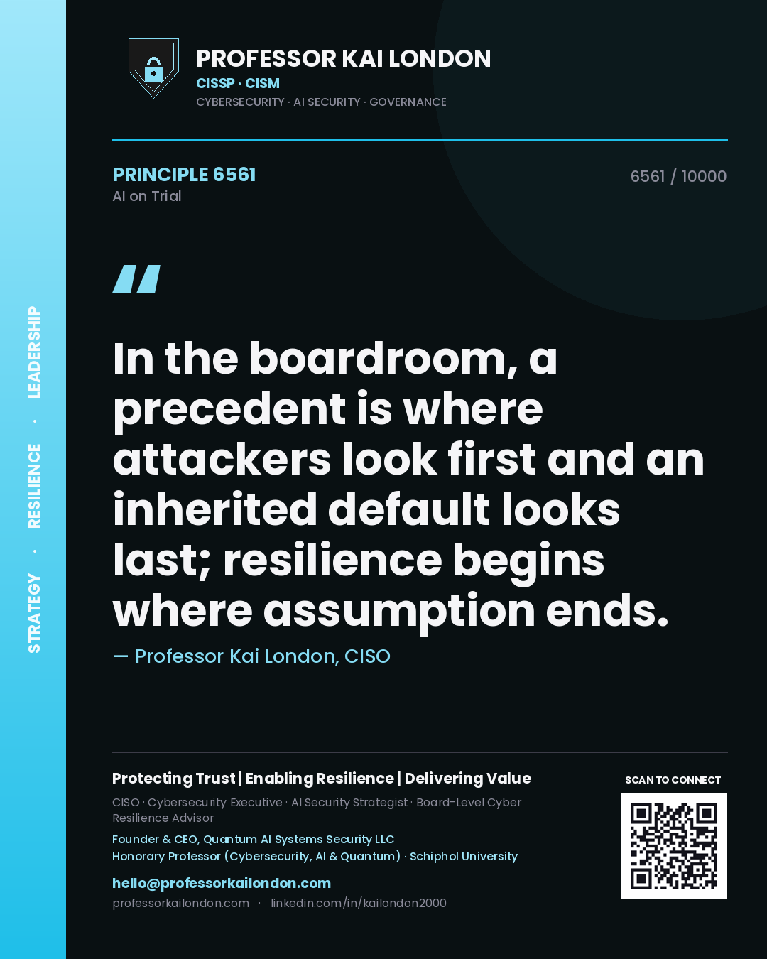 Quote card by Professor Kai London reading 'In the boardroom, a precedent is where attackers look first and an inherited default looks last; resilience begins where assumption ends.'. From the book AI on Trial.