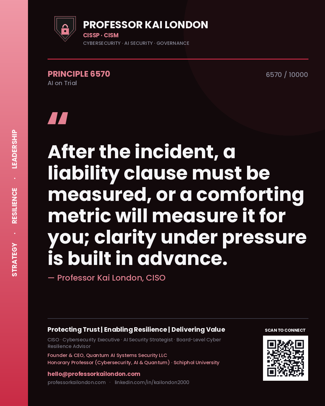 Professor Kai London principle 6570: After the incident, a liability clause must be measured, or a comforting metric will measure it for you; clarity under pressure is built in advance.
