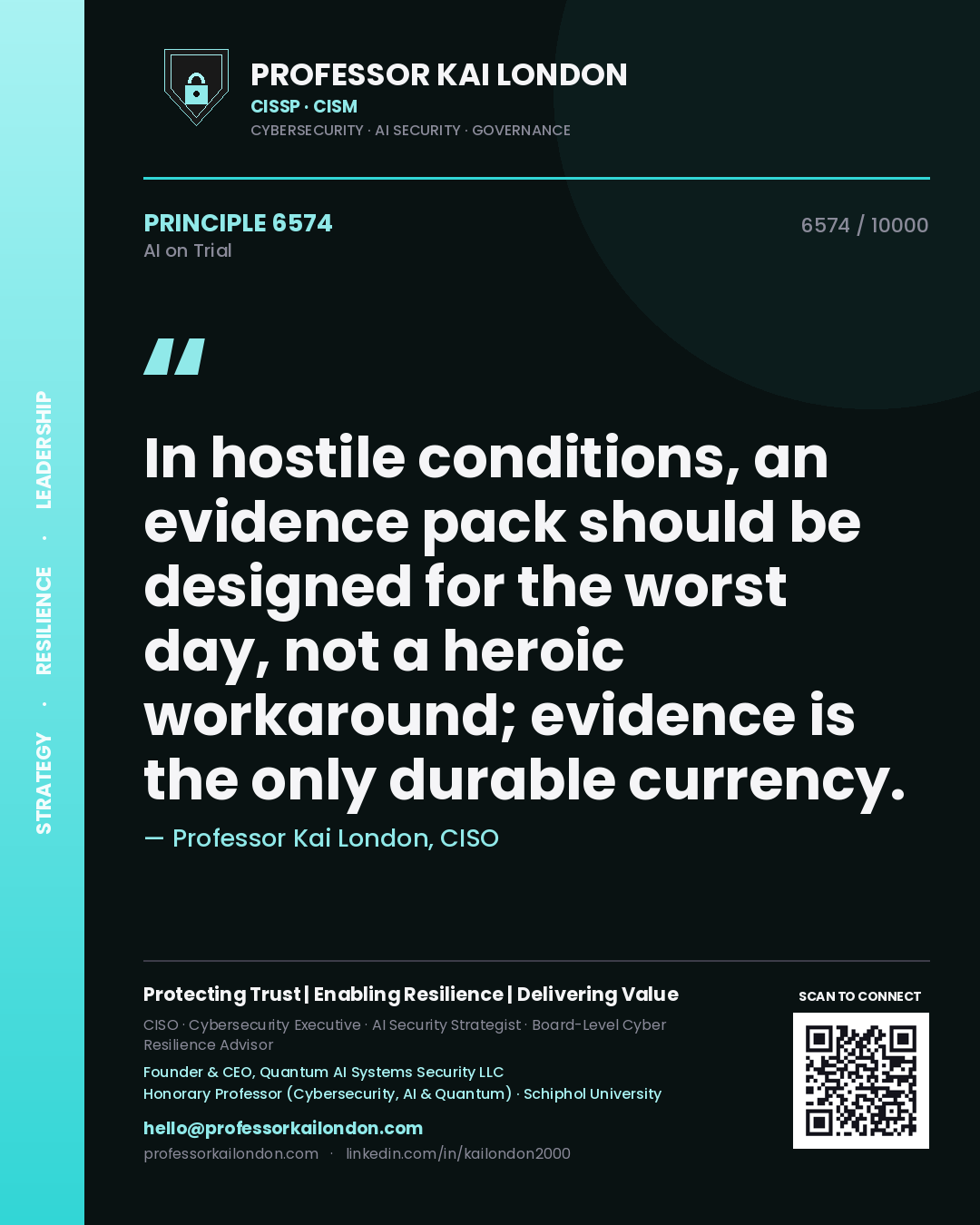 Professor Kai London principle 6574: In hostile conditions, an evidence pack should be designed for the worst day, not a heroic workaround; evidence is the only durable currency.