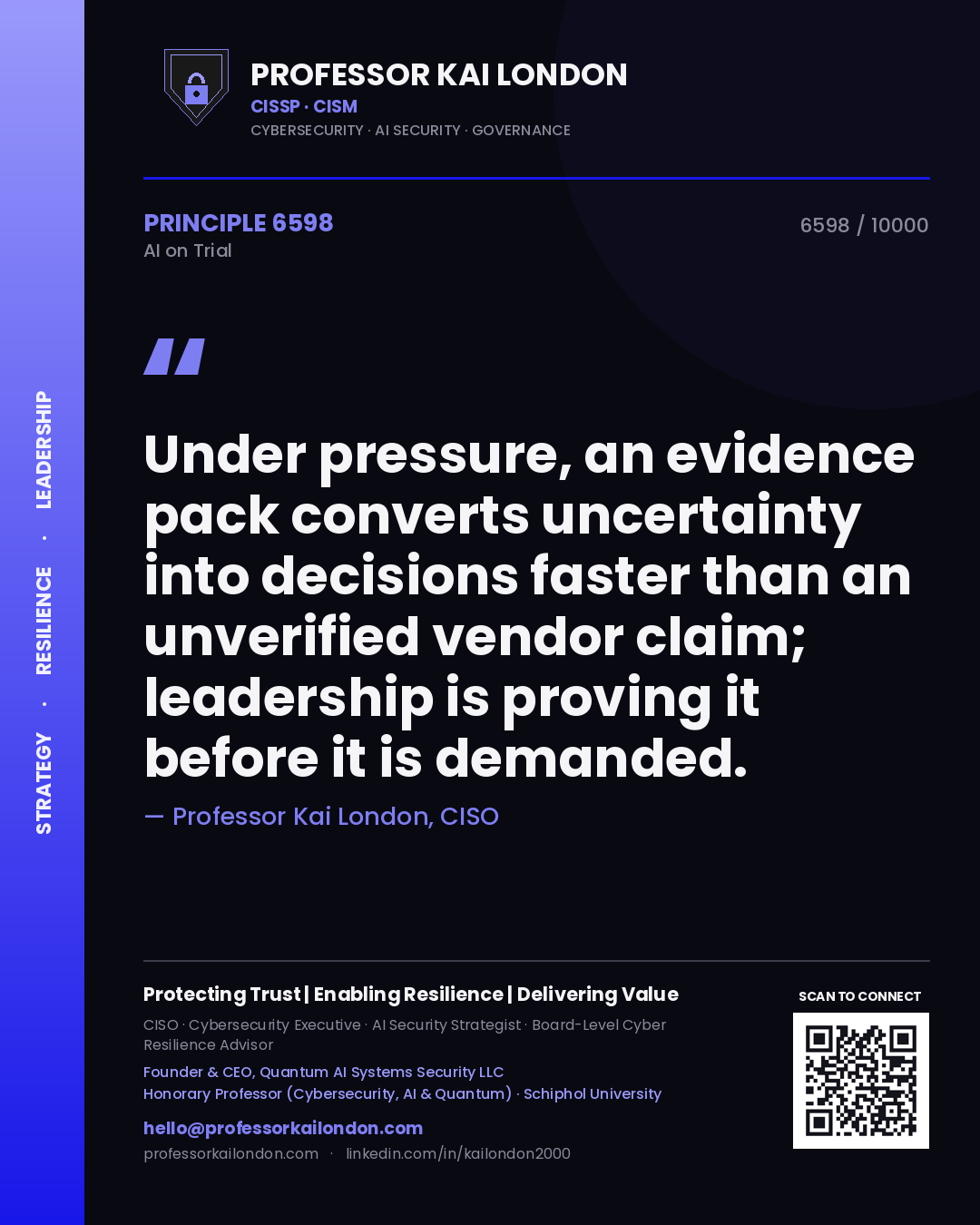 Professor Kai London principle 6598: Under pressure, an evidence pack converts uncertainty into decisions faster than an unverified vendor claim; leadership is proving it before it is demanded.