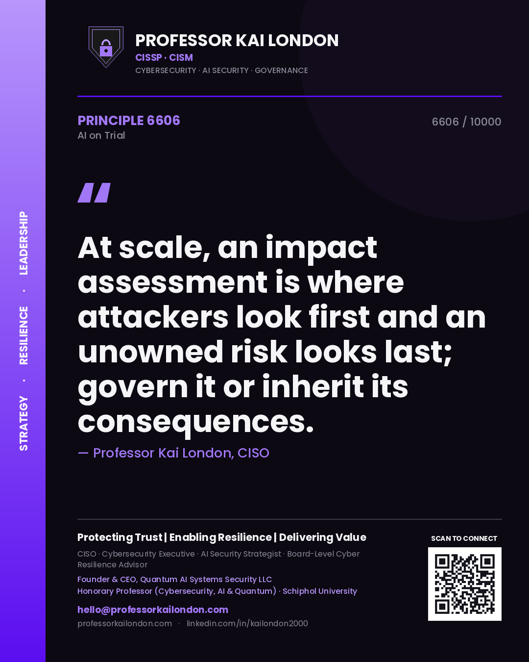 Quote card by Professor Kai London reading 'At scale, an impact assessment is where attackers look first and an unowned risk looks last; govern it or inherit its consequences.'. From the book AI on Trial.