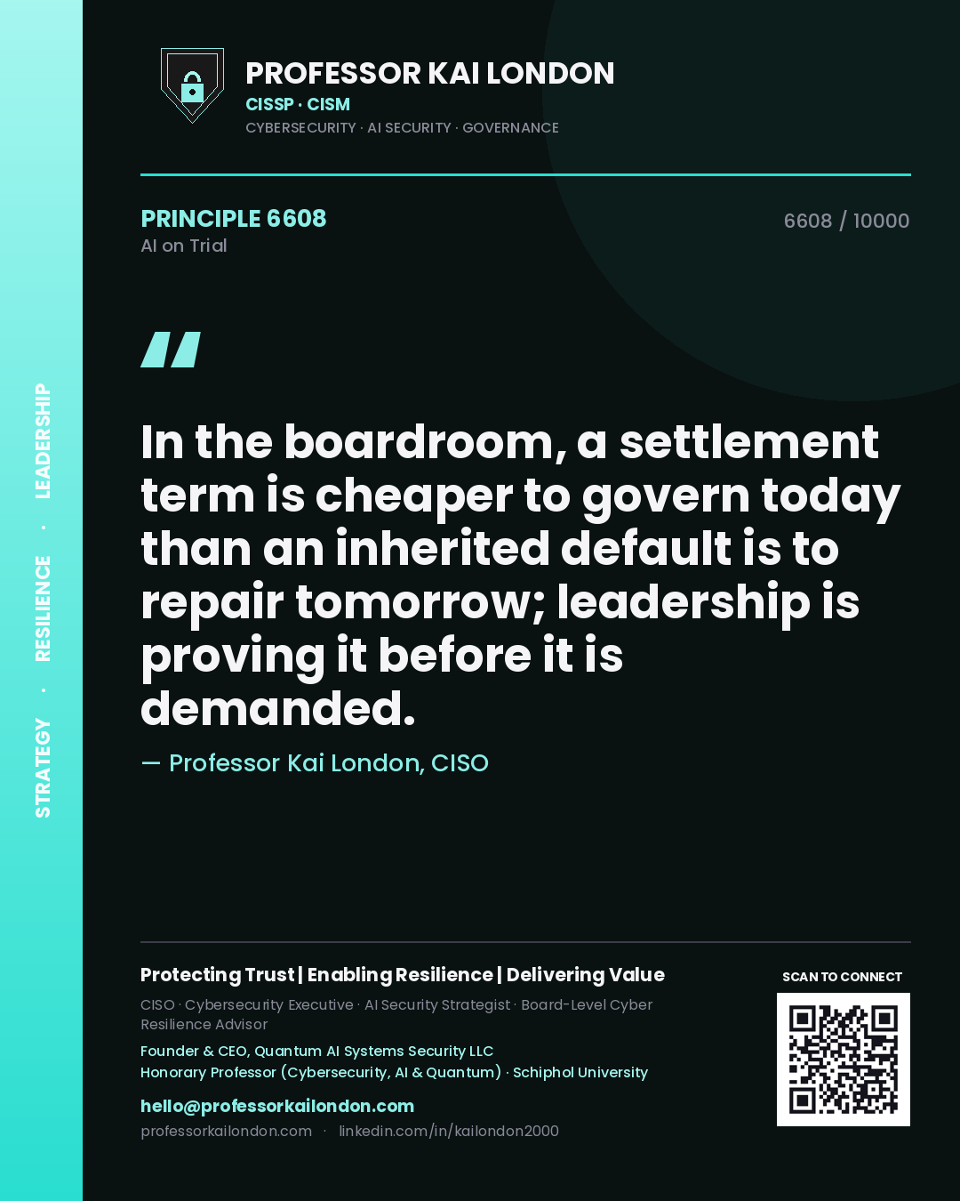 Quote card by Professor Kai London reading 'In the boardroom, a settlement term is cheaper to govern today than an inherited default is to repair tomorrow; leadership is proving it before it is demanded.'. From the book AI on Trial.