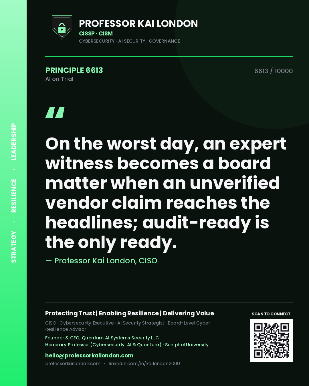 Quote card by Professor Kai London reading 'On the worst day, an expert witness becomes a board matter when an unverified vendor claim reaches the headlines; audit-ready is the only ready.'. From the book AI on Trial.