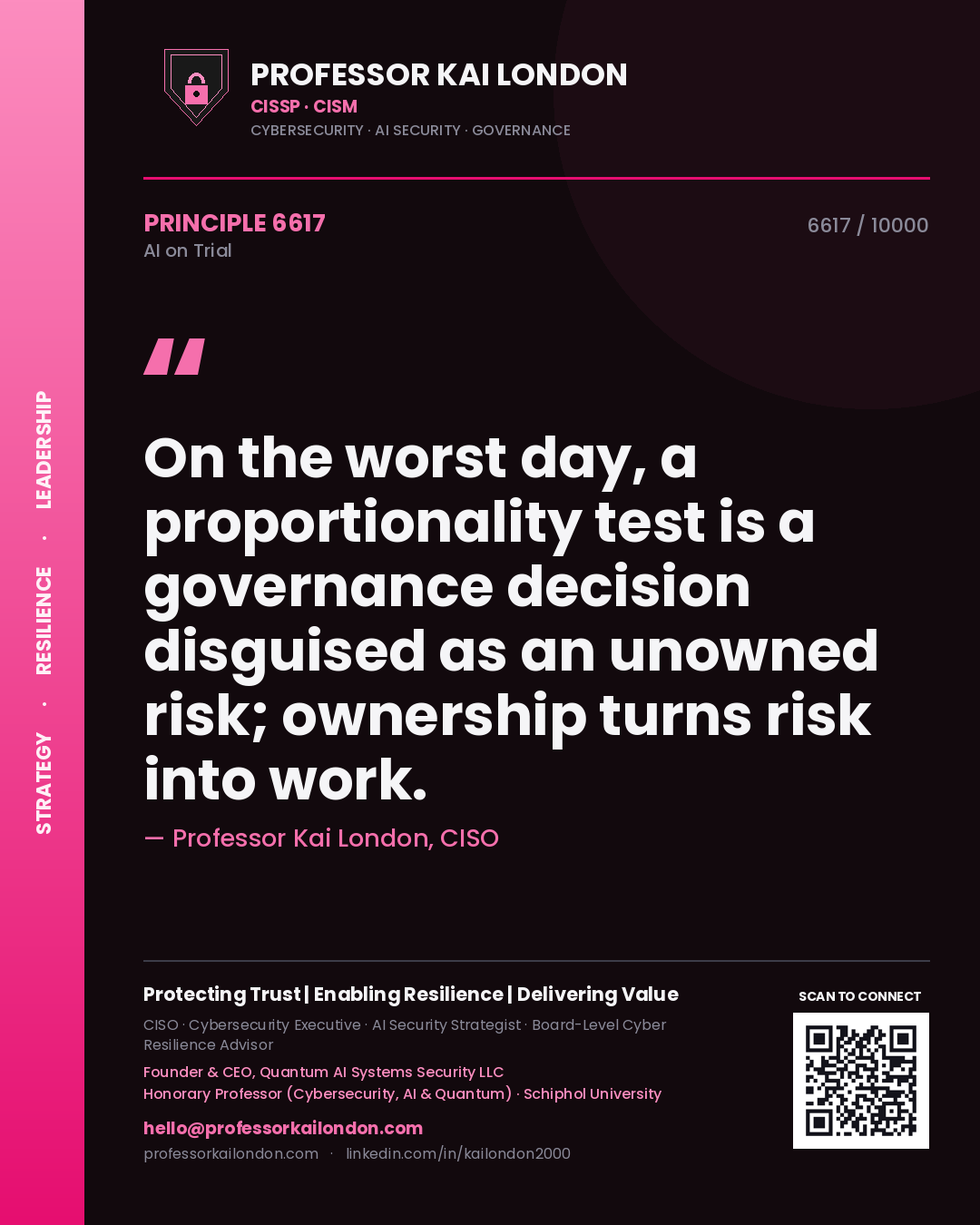 Quote card by Professor Kai London reading 'On the worst day, a proportionality test is a governance decision disguised as an unowned risk; ownership turns risk into work.'. From the book AI on Trial.