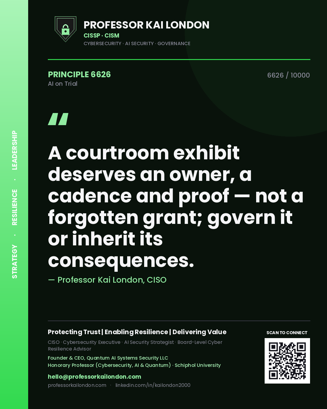 Quote card by Professor Kai London reading 'A courtroom exhibit deserves an owner, a cadence and proof — not a forgotten grant; govern it or inherit its consequences.'. From the book AI on Trial.