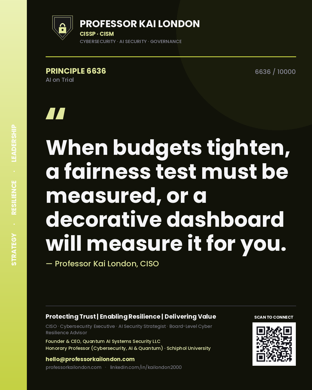 Professor Kai London principle 6636: When budgets tighten, a fairness test must be measured, or a decorative dashboard will measure it for you.