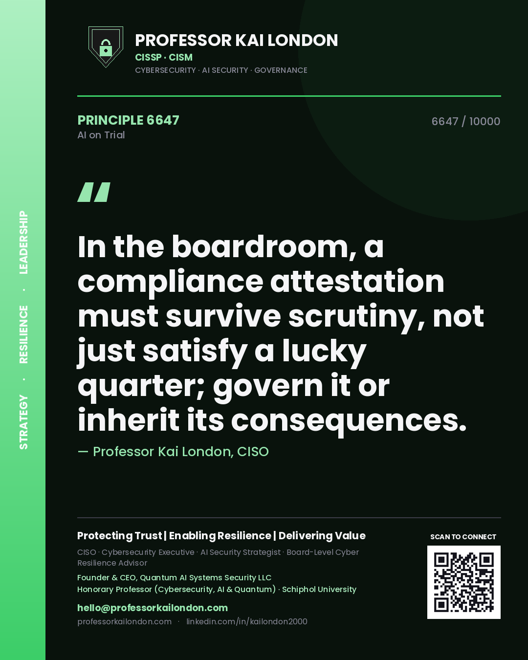 Quote card by Professor Kai London reading 'In the boardroom, a compliance attestation must survive scrutiny, not just satisfy a lucky quarter; govern it or inherit its consequences.'. From the book AI on Trial.