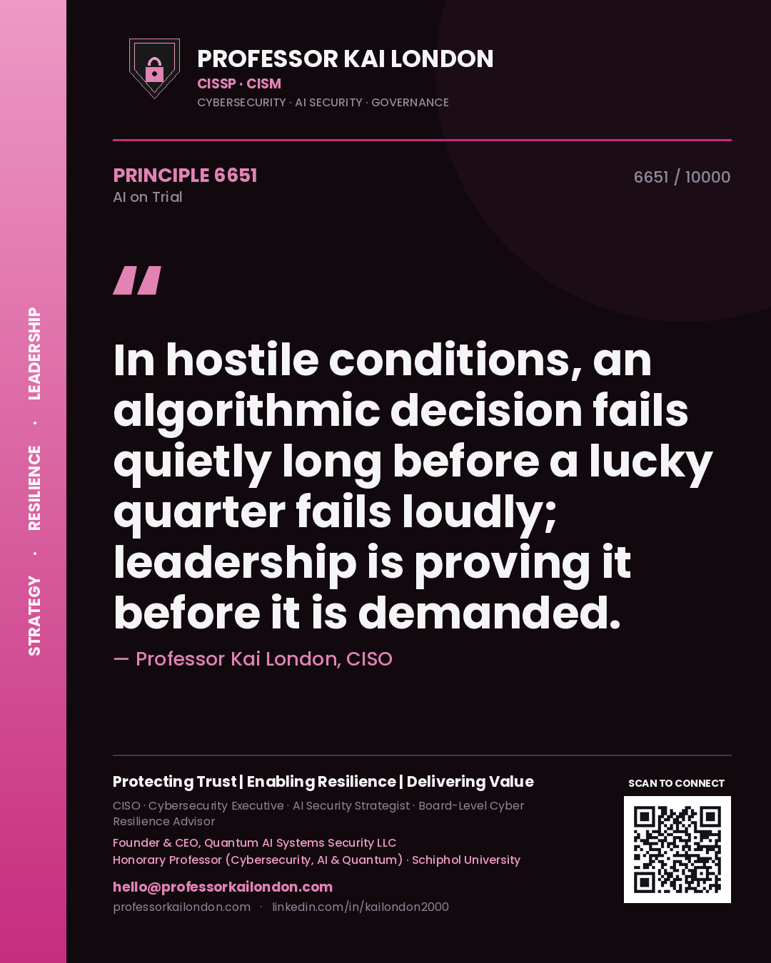 Quote card by Professor Kai London reading 'In hostile conditions, an algorithmic decision fails quietly long before a lucky quarter fails loudly; leadership is proving it before it is demanded.'. From the book AI on Trial.
