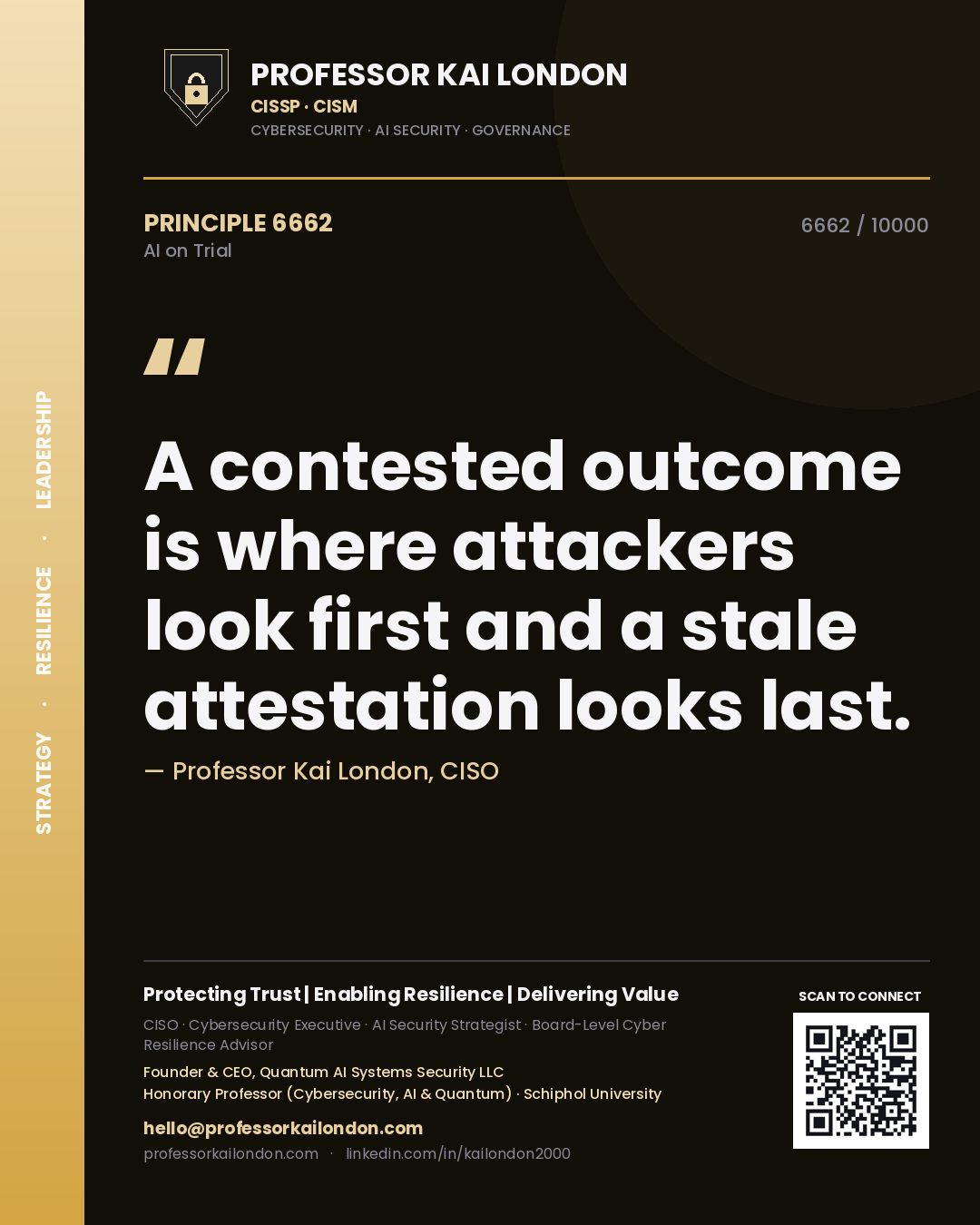 Professor Kai London principle 6662: A contested outcome is where attackers look first and a stale attestation looks last.
