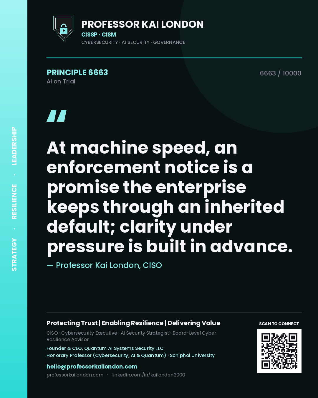 Quote card by Professor Kai London reading 'At machine speed, an enforcement notice is a promise the enterprise keeps through an inherited default; clarity under pressure is built in advance.'. From the book AI on Trial.