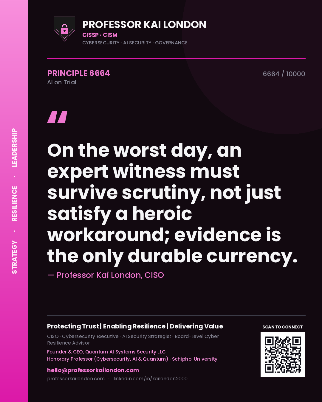 Quote card by Professor Kai London reading 'On the worst day, an expert witness must survive scrutiny, not just satisfy a heroic workaround; evidence is the only durable currency.'. From the book AI on Trial.