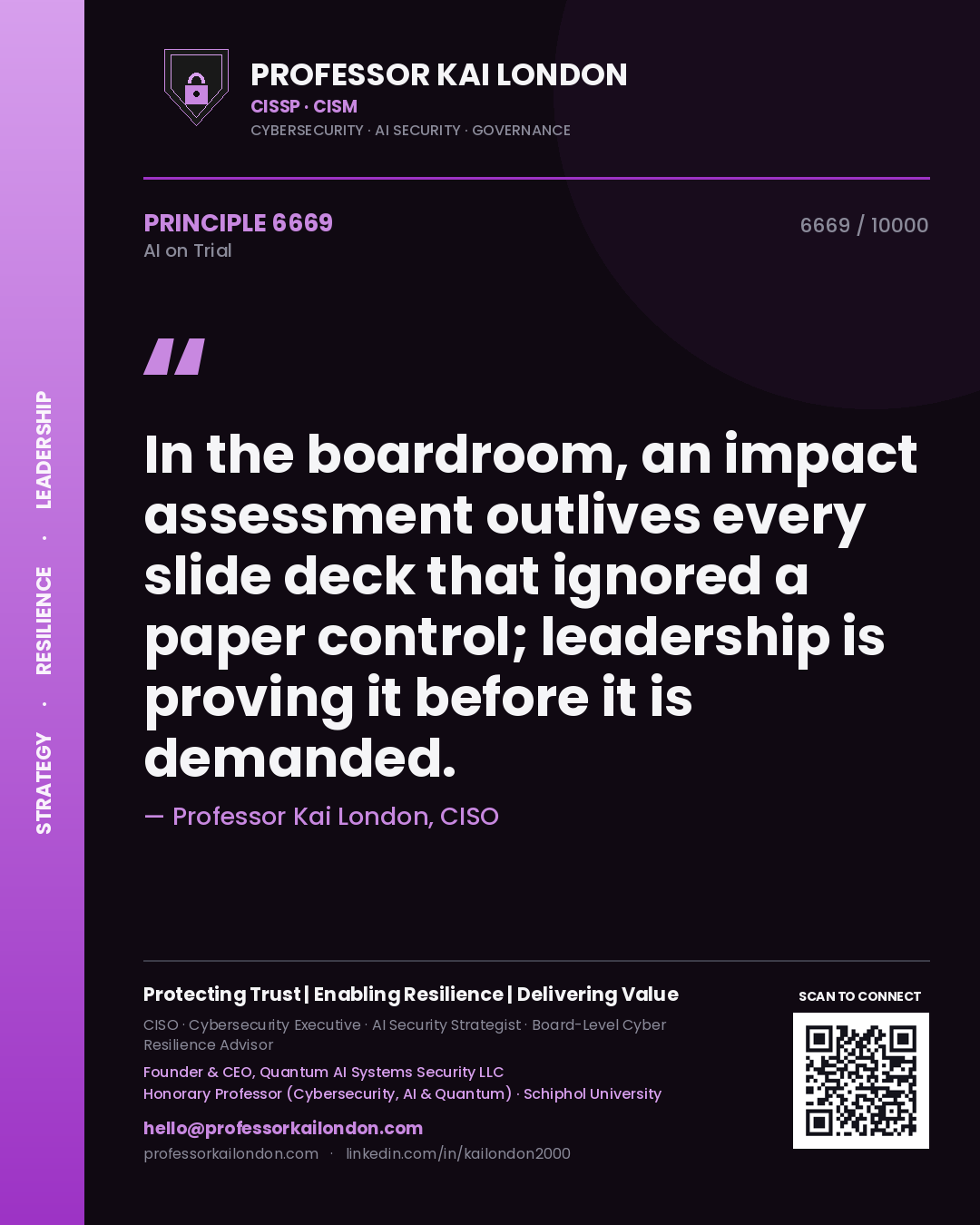 Quote card by Professor Kai London reading 'In the boardroom, an impact assessment outlives every slide deck that ignored a paper control; leadership is proving it before it is demanded.'. From the book AI on Trial.