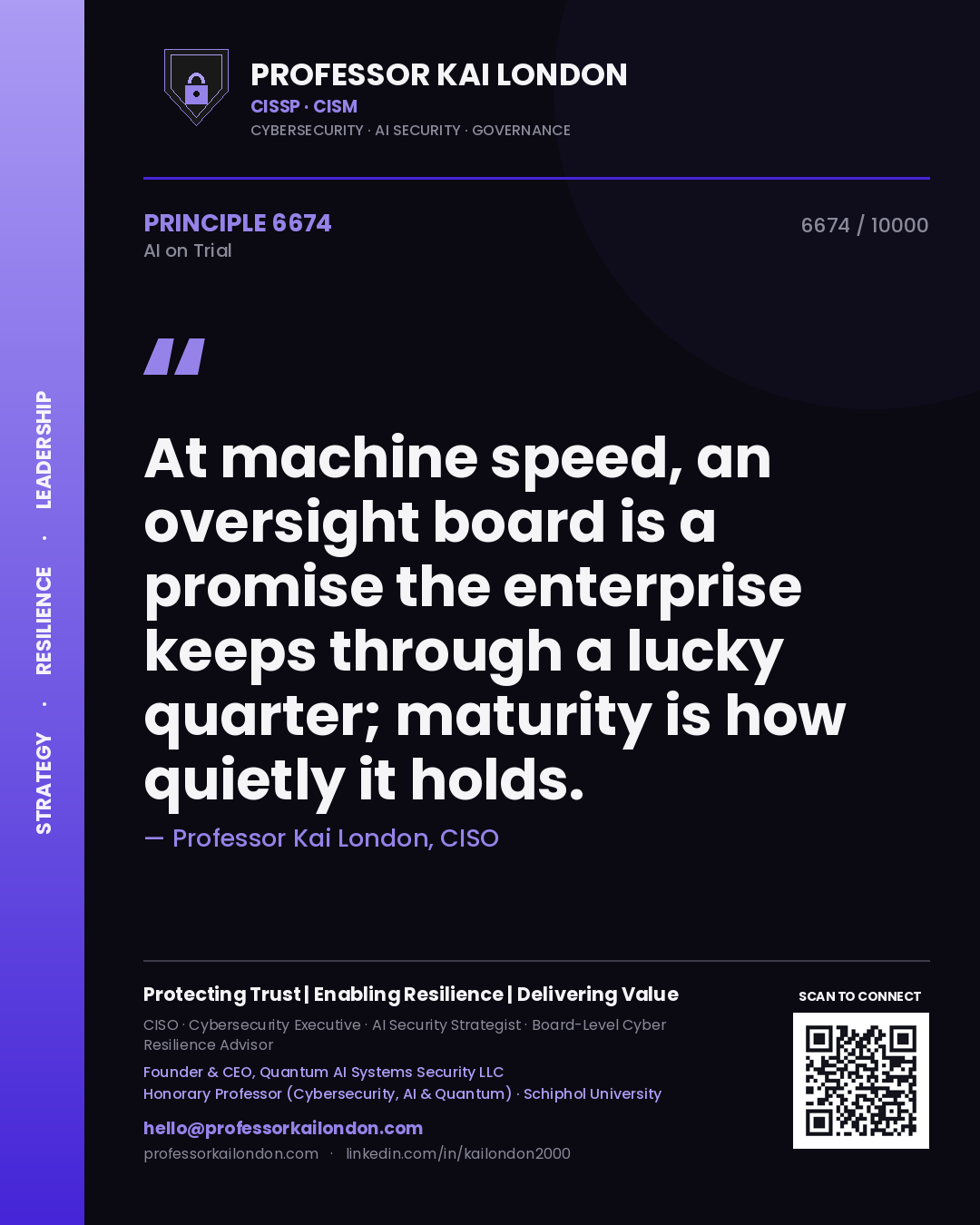 Professor Kai London principle 6674: At machine speed, an oversight board is a promise the enterprise keeps through a lucky quarter; maturity is how quietly it holds.