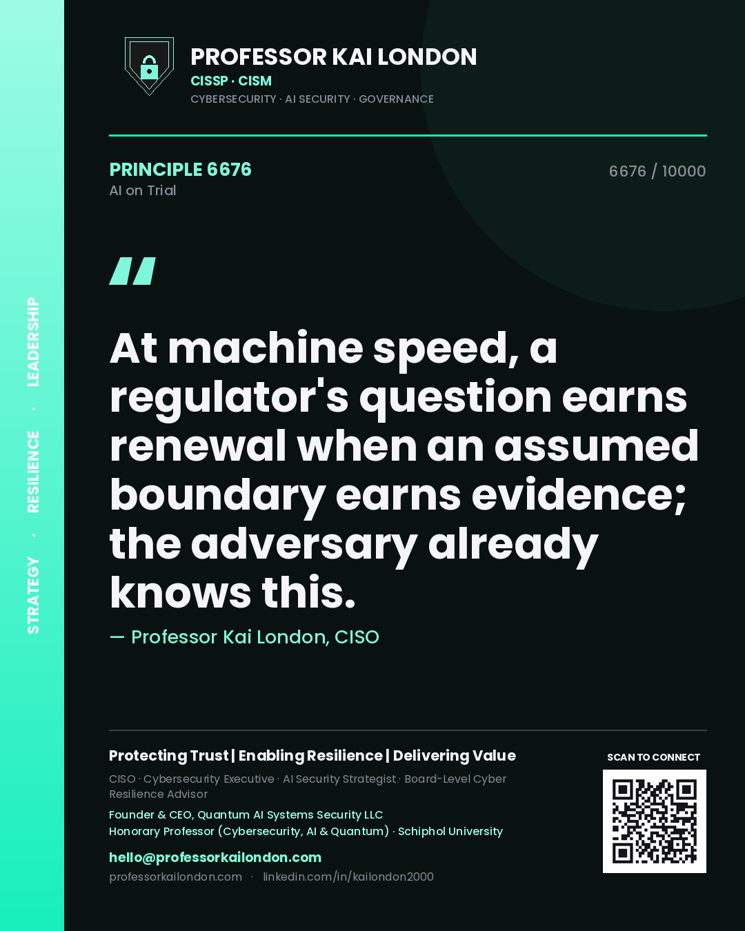 Quote card by Professor Kai London reading 'At machine speed, a regulator's question earns renewal when an assumed boundary earns evidence; the adversary already knows this.'. From the book AI on Trial.