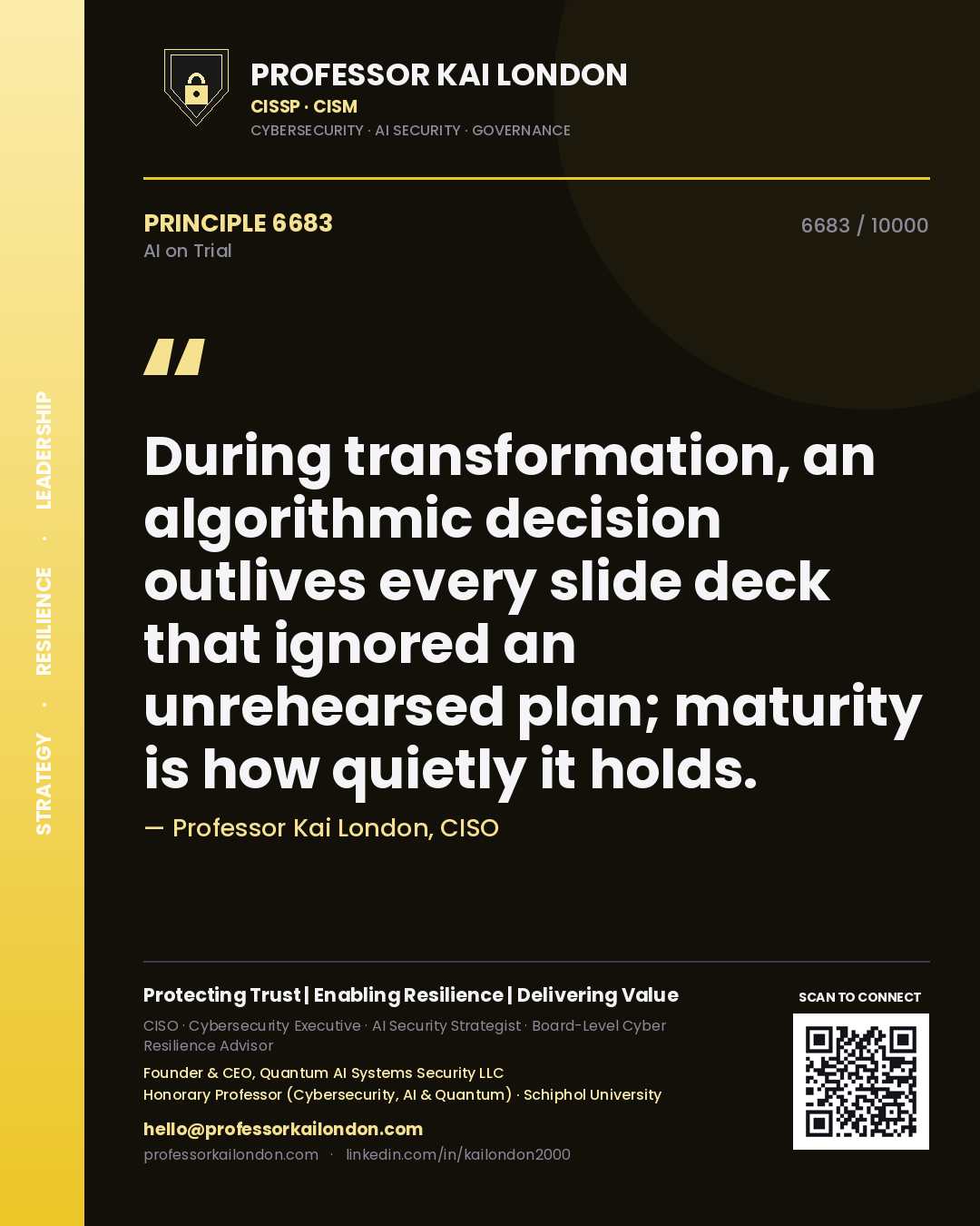 Quote card by Professor Kai London reading 'During transformation, an algorithmic decision outlives every slide deck that ignored an unrehearsed plan; maturity is how quietly it holds.'. From the book AI on Trial.