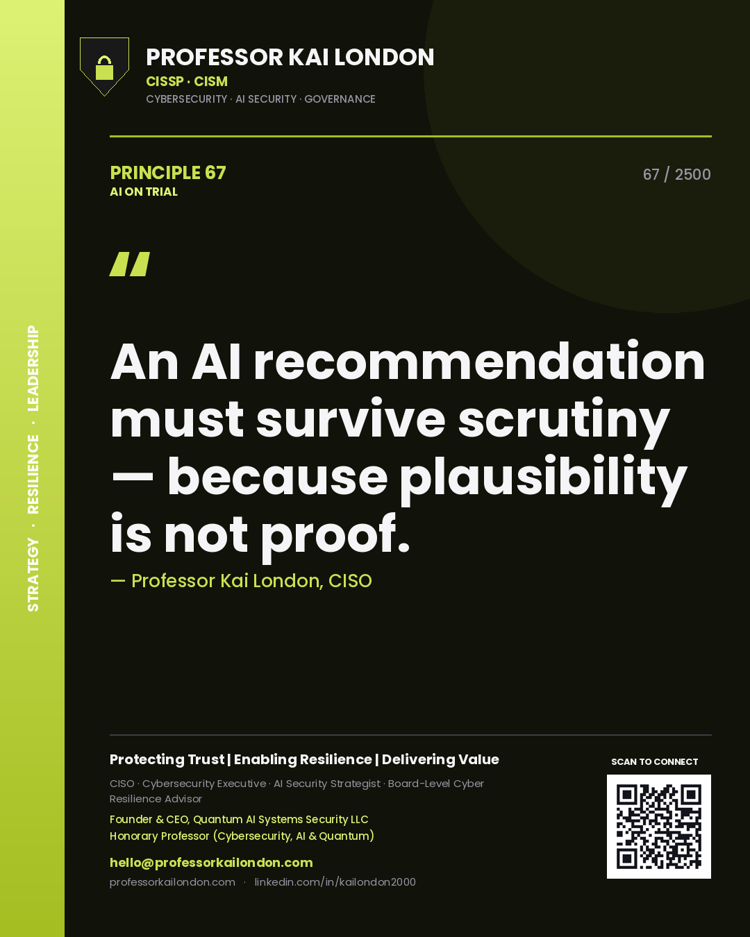 Quote card by Professor Kai London reading 'An AI recommendation must survive scrutiny — because plausibility is not proof.'. From the book AI on Trial.