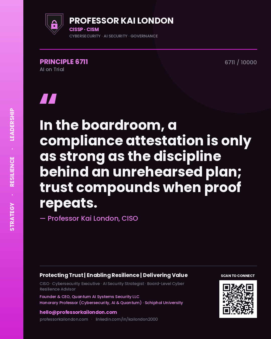 Professor Kai London principle 6711: In the boardroom, a compliance attestation is only as strong as the discipline behind an unrehearsed plan; trust compounds when proof repeats.