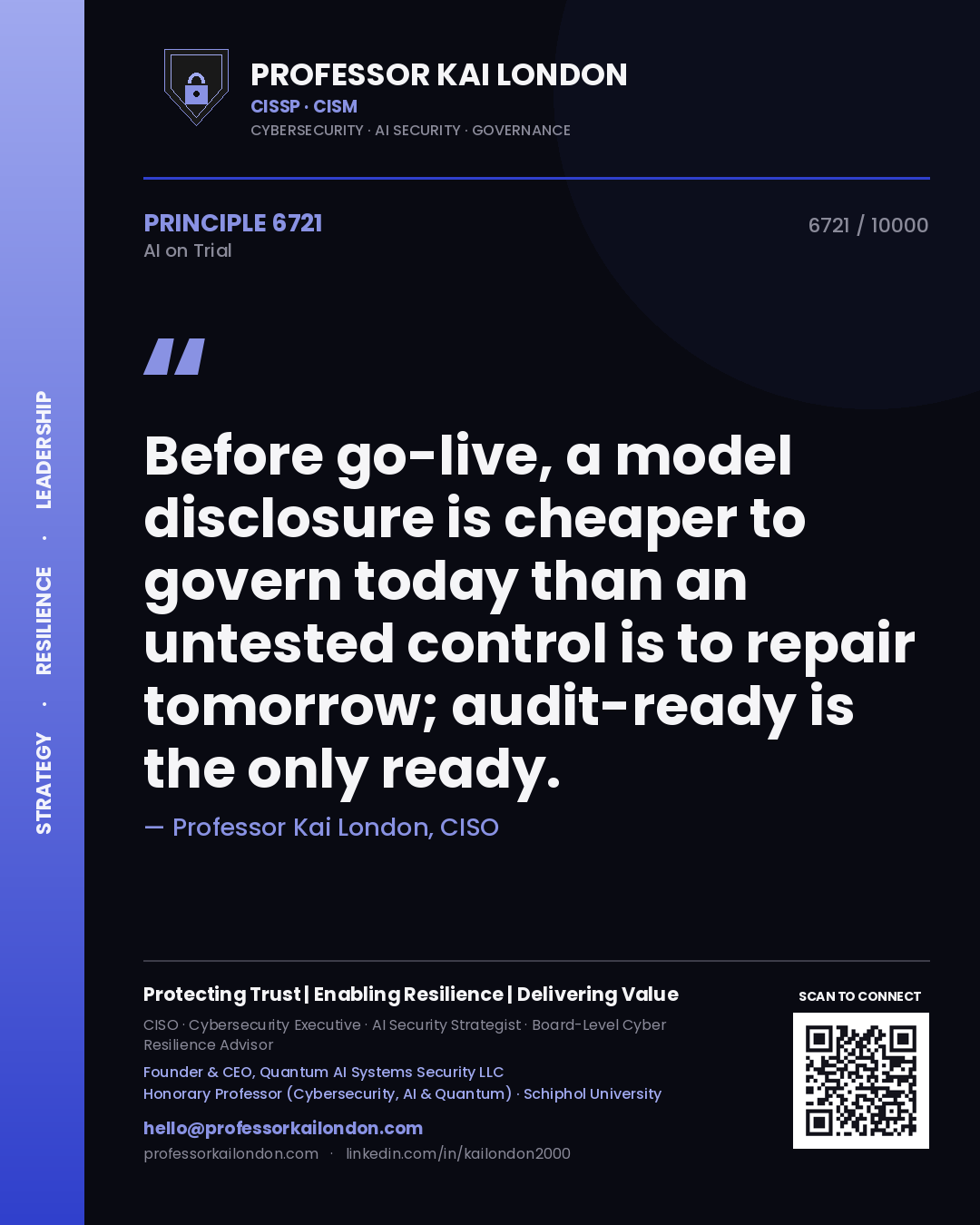 Quote card by Professor Kai London reading 'Before go-live, a model disclosure is cheaper to govern today than an untested control is to repair tomorrow; audit-ready is the only ready.'. From the book AI on Trial.