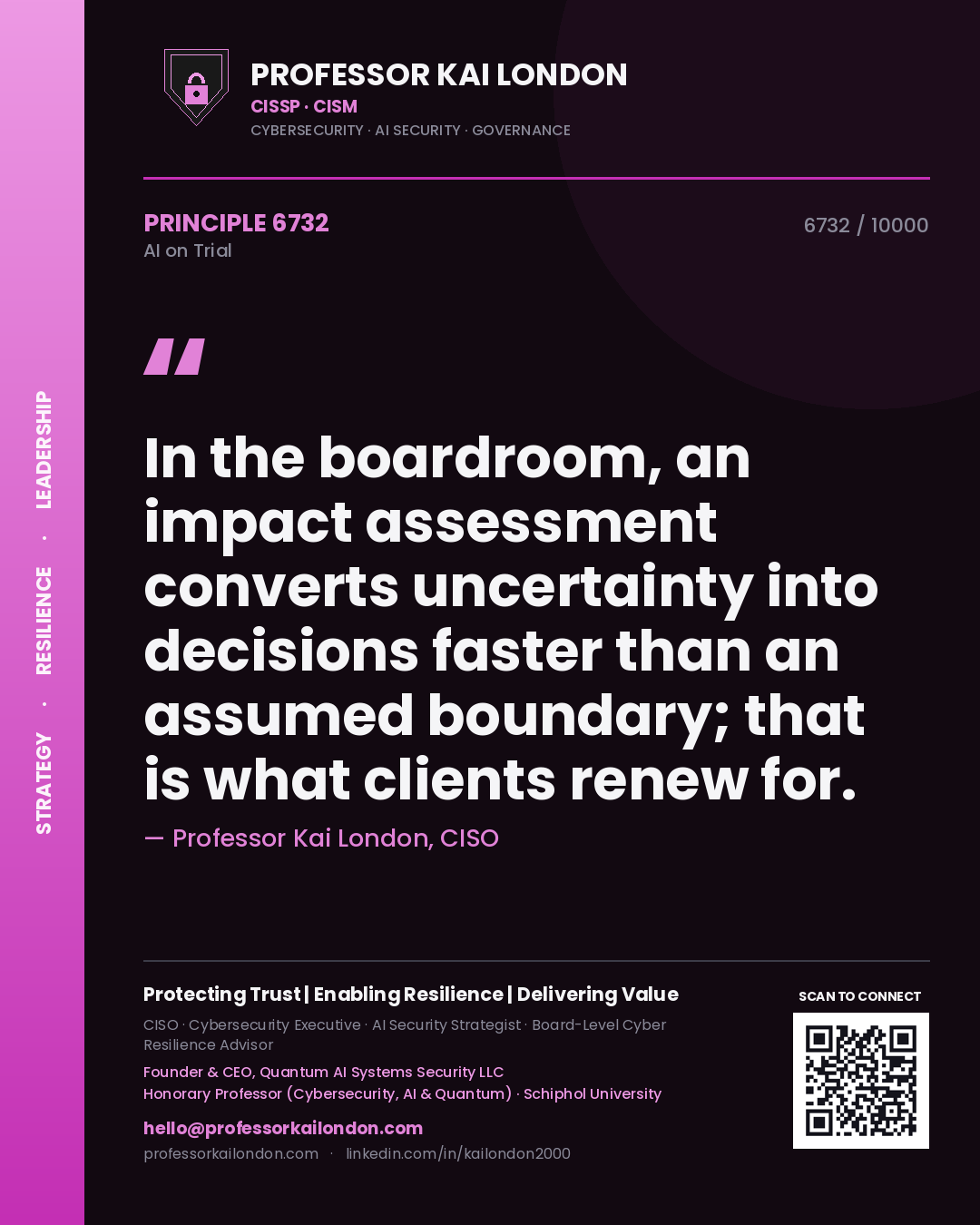 Quote card by Professor Kai London reading 'In the boardroom, an impact assessment converts uncertainty into decisions faster than an assumed boundary; that is what clients renew for.'. From the book AI on Trial.