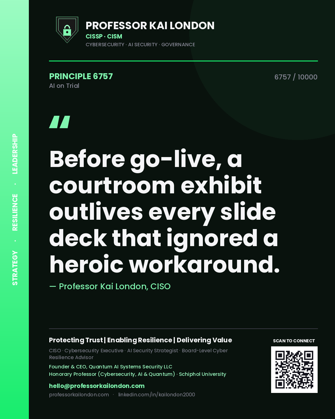 Professor Kai London principle 6757: Before go-live, a courtroom exhibit outlives every slide deck that ignored a heroic workaround.